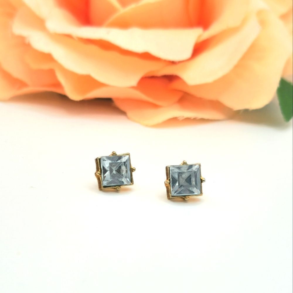 Vintage gold blue princess cut earrings